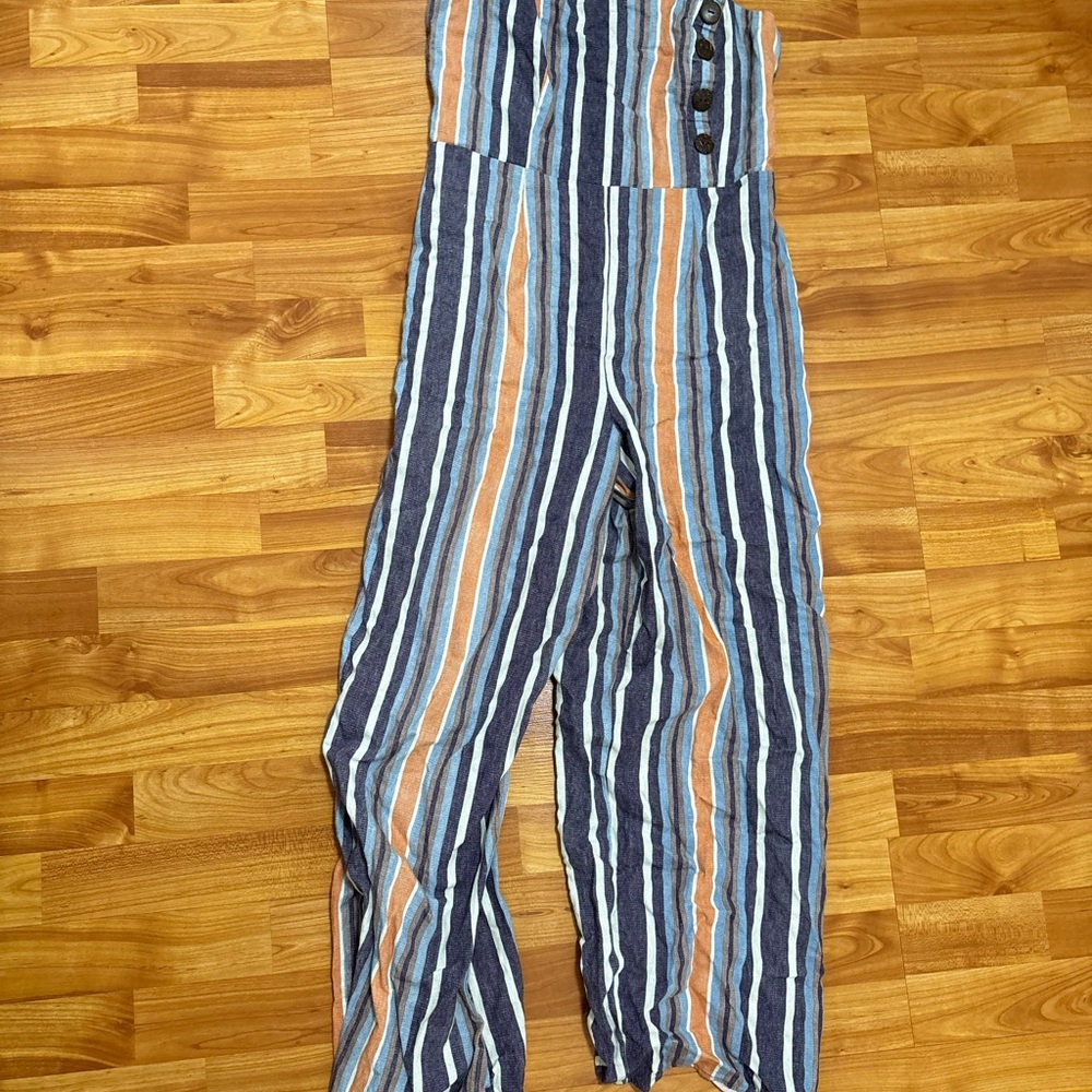 Striped Button-Front Jumpsuit in Navy, Blue & Rust